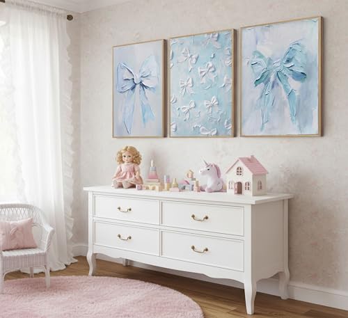 Trendy Blue Bow Wall Art Set - Unframed Canvas Prints