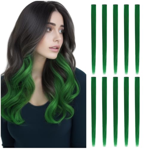 YTBYT 22in Green Colored Clip-In Hair Extensions for Women & Kids - Straight Synthetic Highlights