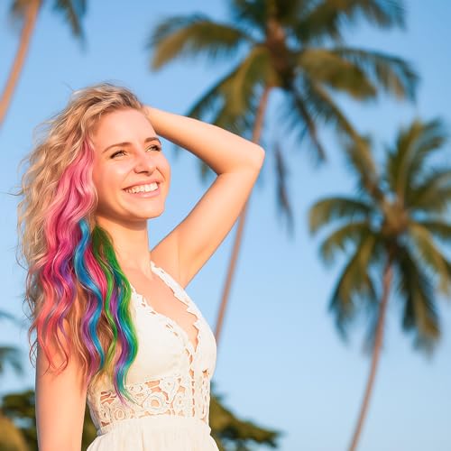 Rainbow Hair Extensions Clip-In 32 Pcs 20 Inch Multicolor Straight for Girls - BEAHOT