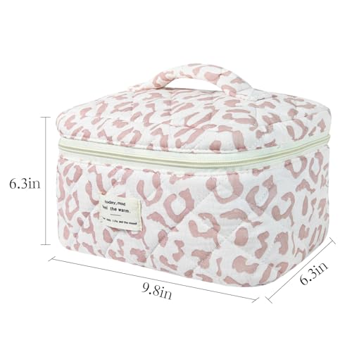 Pink Leopard Print Floral Quilted Makeup Bag for Travel