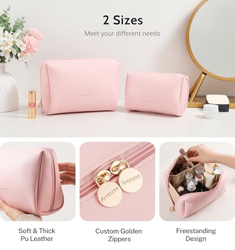 Aveniee Large Vegan Leather Makeup Bag - Travel Toiletry Organizer, Pink
