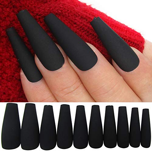 LoveOurHome 100pcs Matte Black Long Coffin Press-On Nails with Case