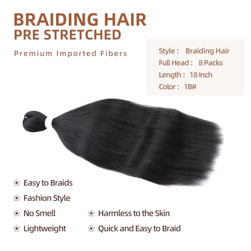 AMUMI Pre-Stretched Braiding Hair Extensions - 18 Inch Synthetic Fiber (8 Pack)