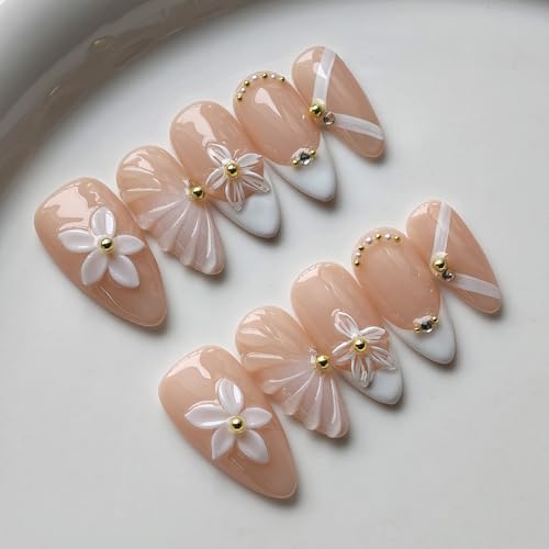 BRKYKGK Style14 French Tip Press-On Nails Medium Almond White with Flower Pearls Gold Accents 10Pcs