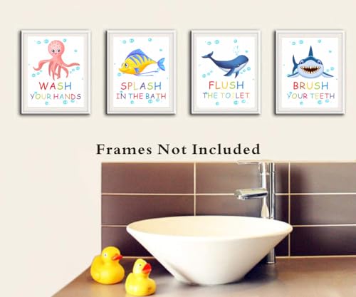 Colorful Ocean Animal Quote Art Print Set for Kids' Bathroom - 4 Unframed 8x10 Canvas Prints