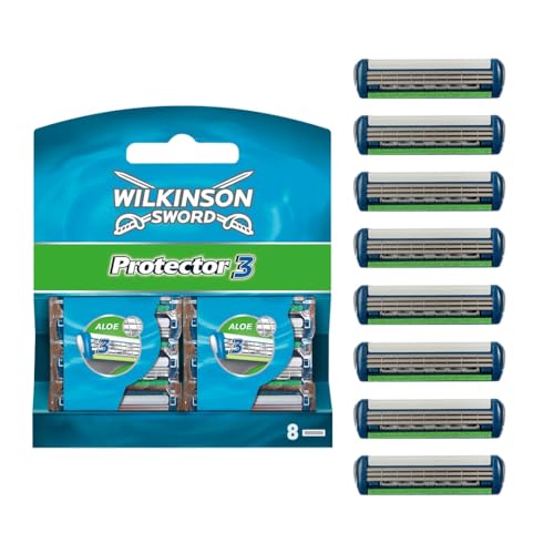 Wilkinson Sword Protector 3 Razor Blade Refills Pack of 8 - Compatible with Schick Protector, Blue, 1 Count