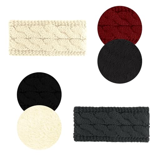 Araluky 4 Pack Women’s Winter Ear Warmers Knit Headbands - Cable Fleece-Lined for Ski, Running, Cycling, Daily Use - White, Red, Gray, Black