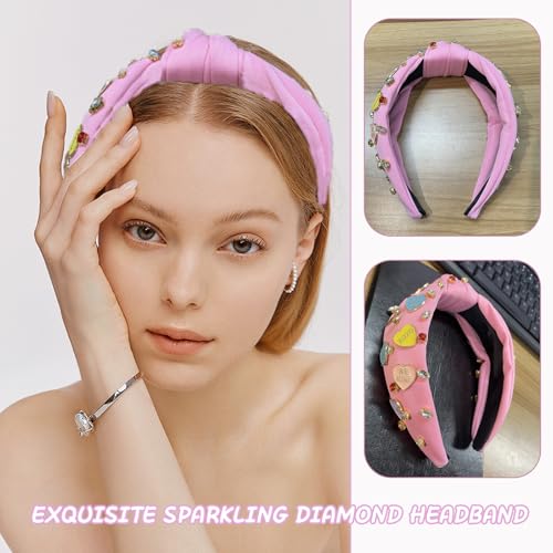 Pink Valentine Headband with Rhinestones & Heart Charms - Girls Women's Gift