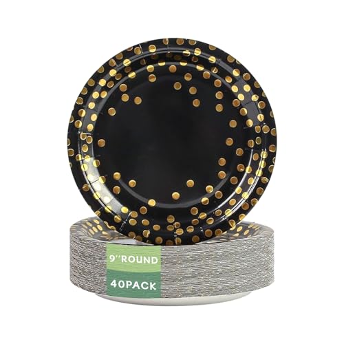 Black Paper Plates 9 Inch - 40 Count with Gold Foil Polka Dots