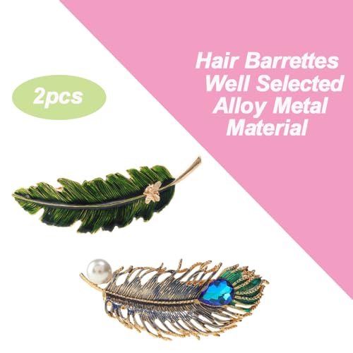 Feather & Leaf Metal Hair Clips 2-Pack Rhinestone Barrettes 70mm Medium