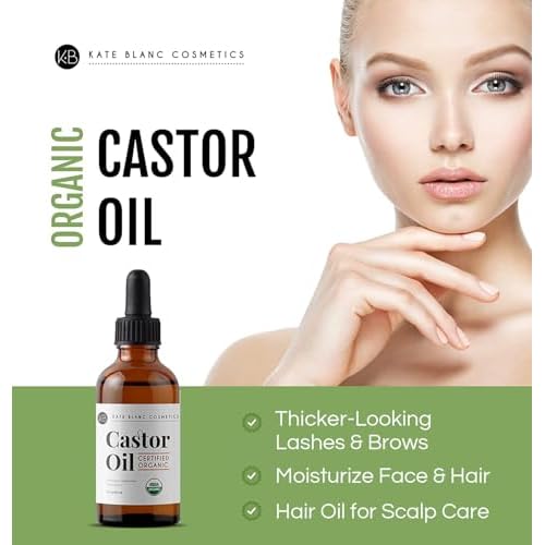Kate Blanc Cosmetics Castor Oil Organic for Hair, Lashes, Face, Skin (2oz), 100% Pure, Cold Pressed, Hexane Free Hair Oil. Lash Serum for Thicker-Looking Eyelashes & Eyebrows