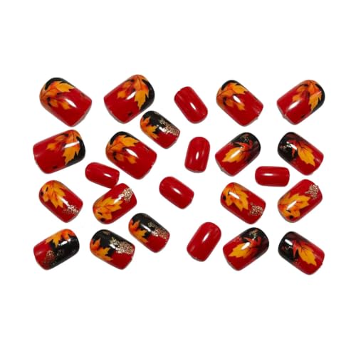 Fall Press on Nails Short Square Maple Leaves Glitter Design Glossy Fake Nails 24Pcs