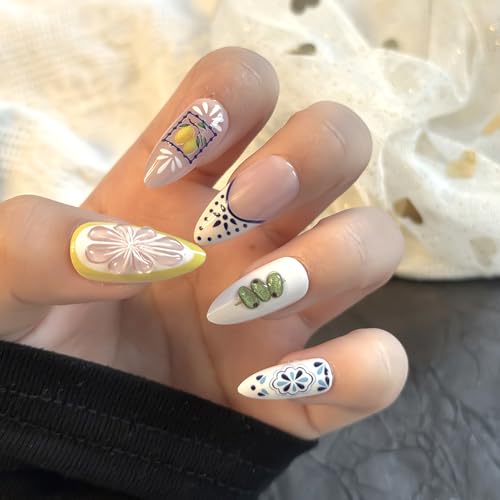 24Pcs Almond Press on Nails - Cute French Tips Manicure Set