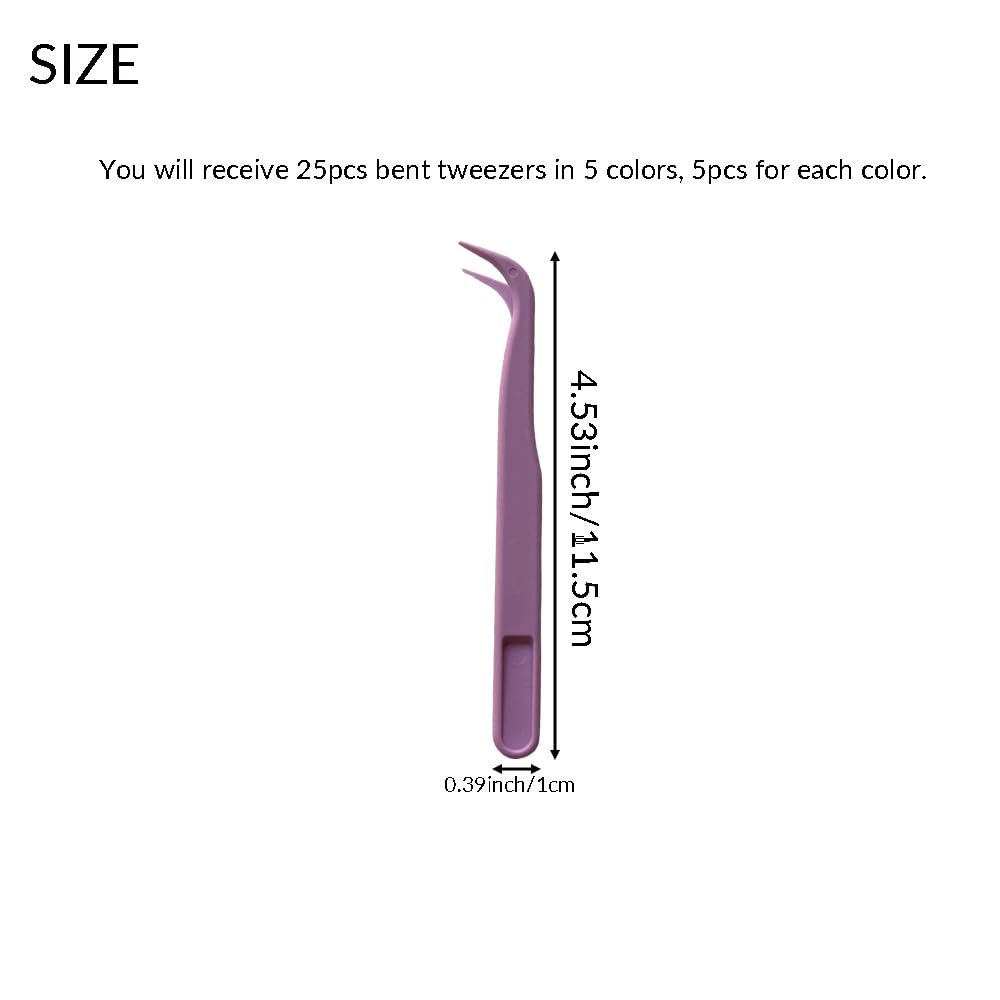 25 Pcs Bent Tweezers, 4.53inch Plastic Tweezers for Jewelry Making Disposable Stickers Animal Feeding, 5 Colors