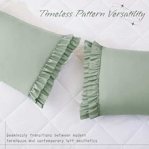 Vonty Sage Green Ruffled Pillow Cases Set of 2 - 20x26 Inch