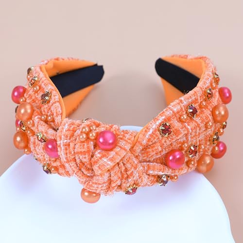 Thanksgiving Orange Knotted Headband with Crystal Pearls for Women