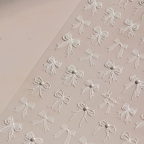 White Pearl Embossed Bow Nail Stickers for Elegant Nail Art - Self-Adhesive, 52 Designs