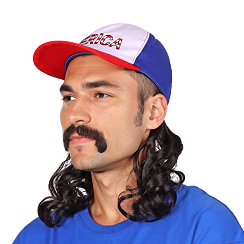 Red White Blue Mullet Wig with Mustache Hat for Men - 4th of July