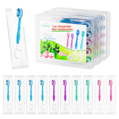 FAWROT 30 Pack 5-in-1 Mini Travel Toothbrush with Bead, Floss & Tongue Scraper