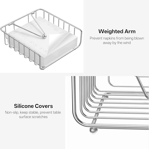 Weighted Metal Napkin Holder with Silicone Pads - Silver