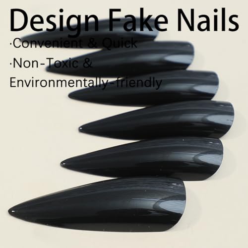 QQPPOLIU Long Stiletto Black Press-On Nails - 24 Pack, Glossy Fake Nails for Manicure