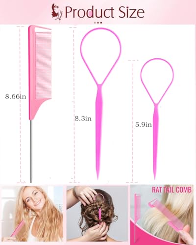 Topsy Tail Hair Tool Set 9pc — Rat Tail Combs & Loop Styling Tools for Women & Girls