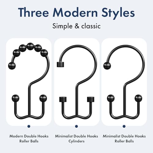 Matte Black Shower Curtain Hooks - 24 Pcs Rust-Proof Double Hook Rings