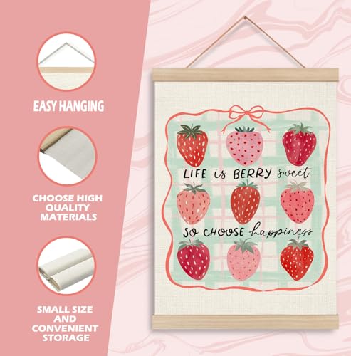 Pink Bow Strawberry Wall Art Poster - 12x16 Inch Hanging Decor