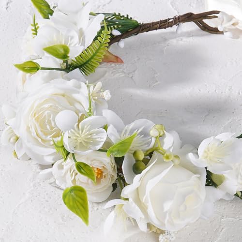 KorViSHOW White Flower Crown Headband Bridal Boho Floral Headpiece