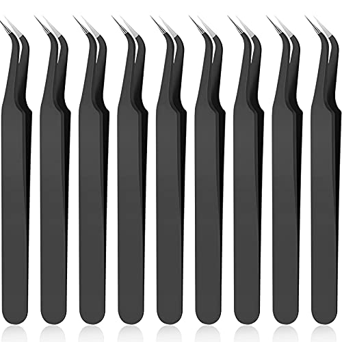 Black Precision Curved Tip Tweezers Set - 9 Pcs for Eyelash & Craft Use