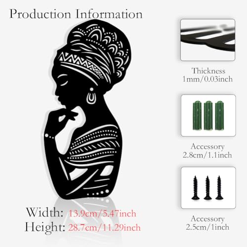 Modern African Woman Art Metal Wall Decor - 11x5 Inch