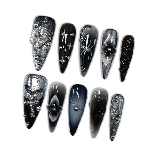 Hantyer Black Grey Press on Nails with 3D Carving Flowers & Charms, Long Stiletto, Size M, Reusable Gothic Fake Nails for Women
