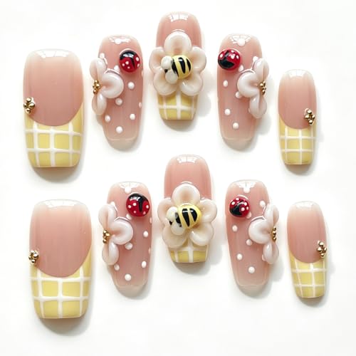 Medium Square Press-On Nails SQ603 - 3D Handmade Bee & Ladybug Design | 10 Pcs Reusable Acrylic