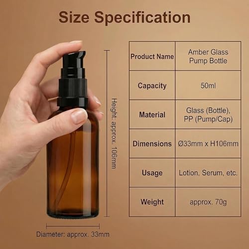 Bamboopack 50ml Amber Glass Refillable Lotion Bottles Pack of 6 Travel Dispenser Containers