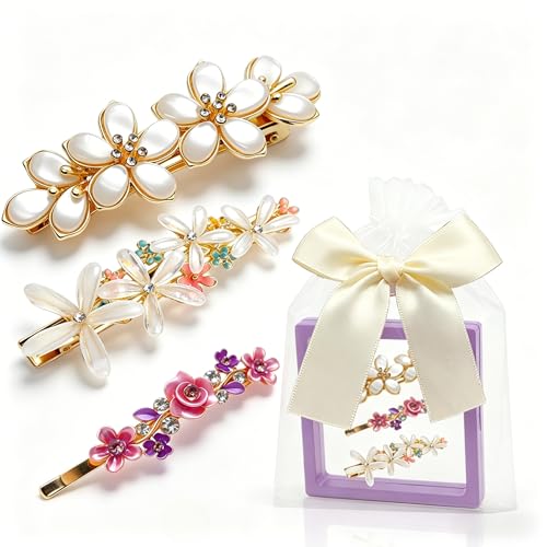 D Floral Design Flower Hair Clips for Women - 3 Pcs Vintage Rhinestone Barrettes