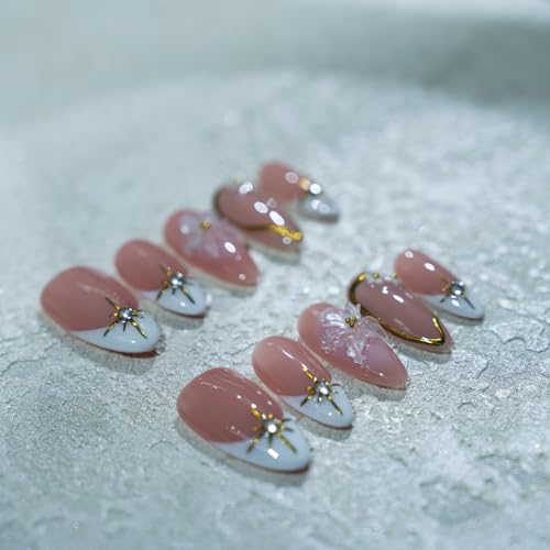 Vlazryk Short Brown French Tip Press On Nails with 3D Metallic Rhinestones