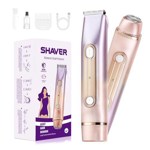 Bikini Trimmer for Women, Waterproof Electric Razors for Women with Dual Head Design,Painless Bikini Shaver & Womens Electric Razor for Face & Body, Cordless Rechargeable,Purple2
