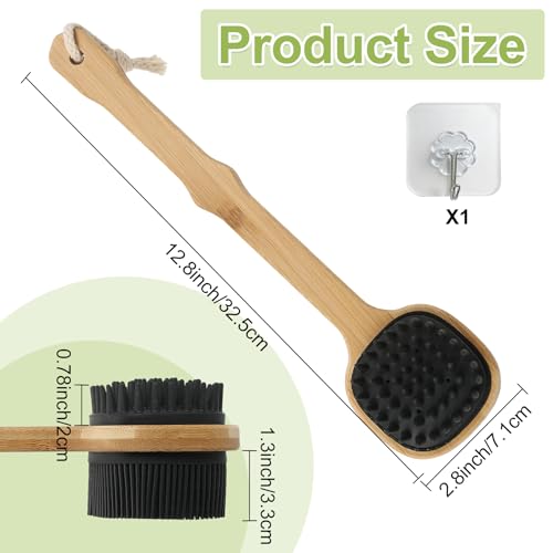 QEYMN Black 1pcs Silicone Back Scrubber with Long Bamboo Handle - Dual-Sided Shower Brush for Exfoliation & Massage