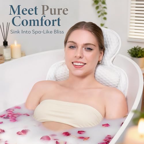 Bath Pillow for Tub - Comfortable White Standard Cushion with 54 Non-Slip Suction Cups