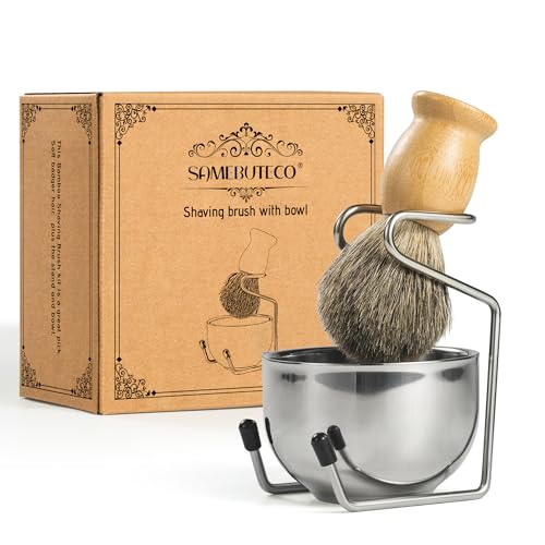SAMEBUTECO Shaving Brush Set for Men-Pure Badger Hair Brush with Bamboo Handle, Stainless Steel Stand & Bowl, Wet Shaving Kit for Smooth Close Shave, Gift Set