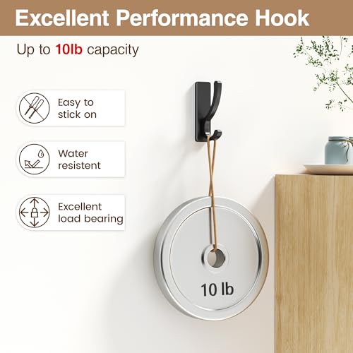 Heavy Duty Adhesive Wall Hooks - 13LB Capacity, Black - 6 Pack