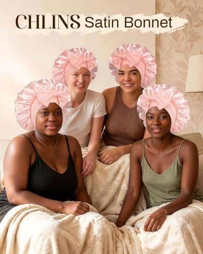 Reversible Satin Bonnet for Sleeping Women - 2PCS Hair Scrunchies & Apricot Powder + Champagne
