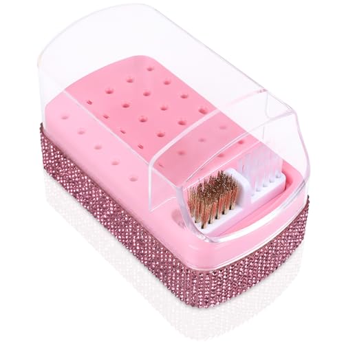 Pink 2-in-1 Nail Drill Bits Holder Case with Rhinestones and Cleaning Brush