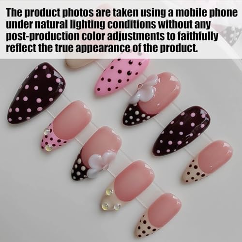 Gleamrain Handmade Almond Press-on Nails with Floral & Polka Dot Design