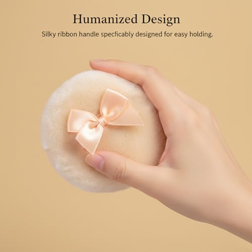4 PCS Large Fluffy Makeup Sponges with Ribbon Handle - Beige & White