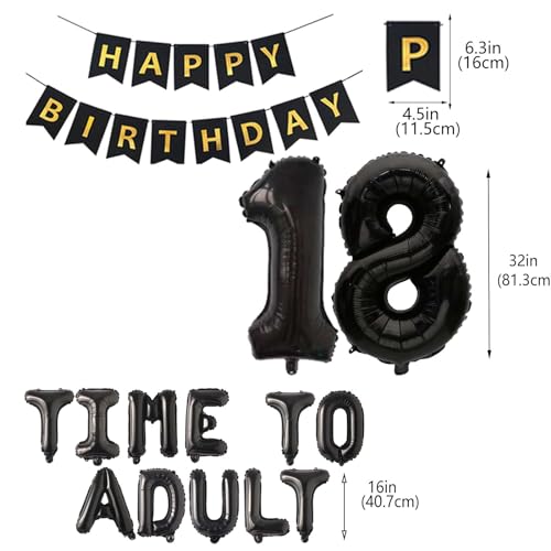 Black 18th Birthday Decorations - Time to Adult Balloons & Banner Set
