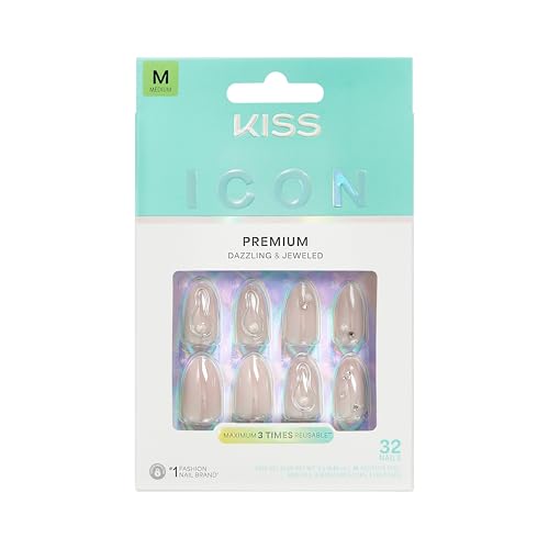 KISS Terrific Press On Nails Kit with Glue and Accessories - Almond Shape, Medium, White, 32 Nails