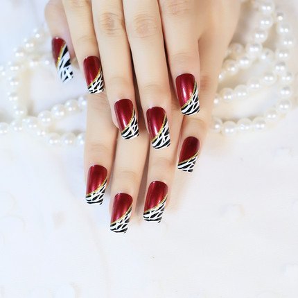 YUNAI 24-Piece Medium Length False Nails Set – Red Wine French Ellipse Leopard