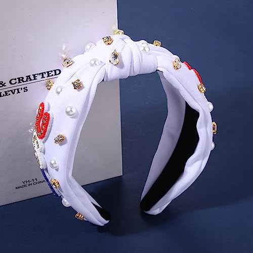 USA Embellished Knotted Headband with Rhinestones & Pearls - 4th of July Accessories