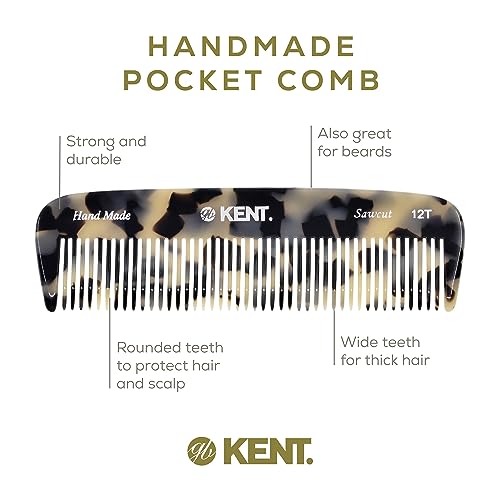 Kent 12T TW Pocket Comb White Tokyo - Handmade Wide Tooth Detangler for Men, Women & Kids